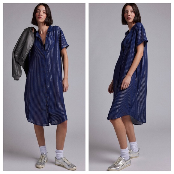 Wildfang Dresses & Skirts - Wildfang Empower Pinstripe midi shirt dress blue silver stripe short sleeve M